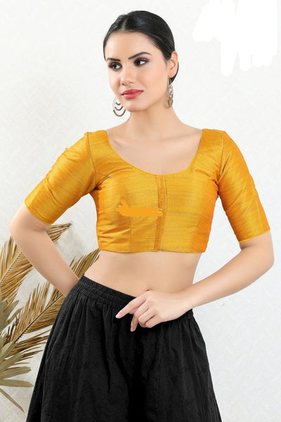 Readymade Silk Padded Back Open Elbow Sleeves Mustard Saree Blouse