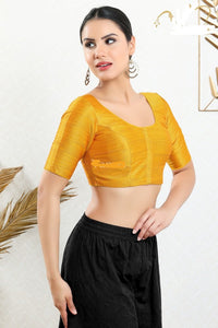 Readymade Silk Padded Back Open Elbow Sleeves Mustard Saree Blouse