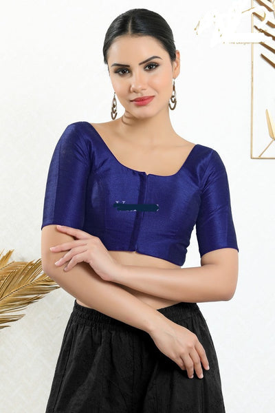Readymade Mulbury Silk Padded Front Open Elbow Sleeves Navy Blue Saree Blouse