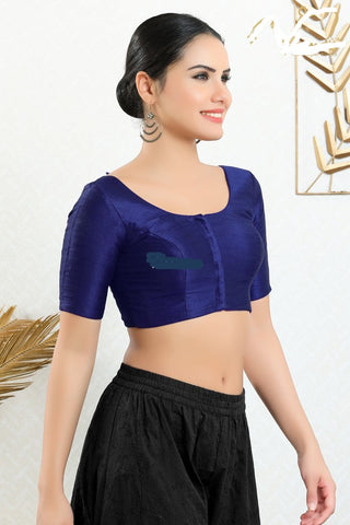 Readymade Mulbury Silk Padded Front Open Elbow Sleeves Navy Blue Saree Blouse