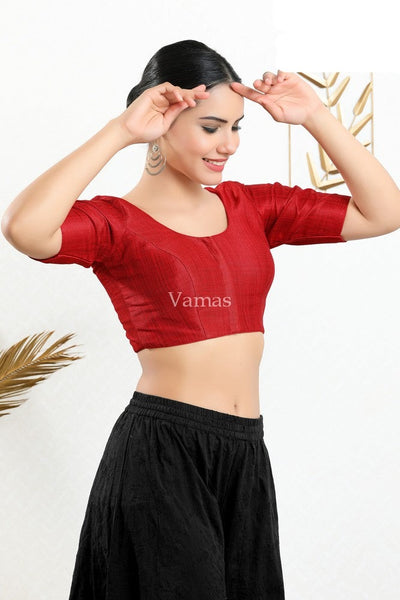 Red Mulberry Silk Padded Front Open Elbow Sleeves Blouse
