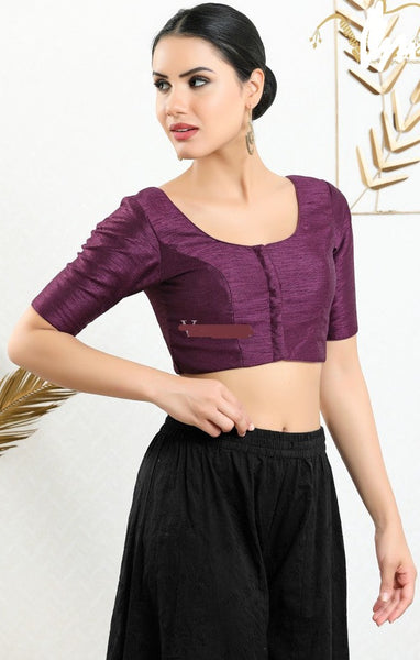 Readymade Mulbury Silk Padded Front Open Elbow Sleeves Saree Blouse