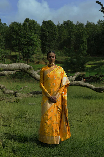 Yellow Handloom Katan Banarasi Saree with Floral Jaal Zari Border and Floral Butis