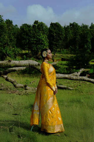 Yellow Handloom Katan Banarasi Saree with Floral Jaal Zari Border and Floral Butis
