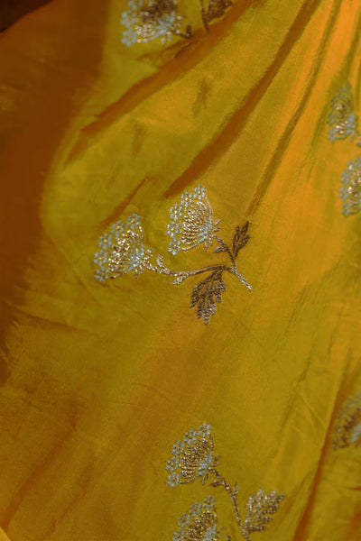 Yellow Handloom Katan Banarasi Saree with Floral Jaal Zari Border and Floral Butis