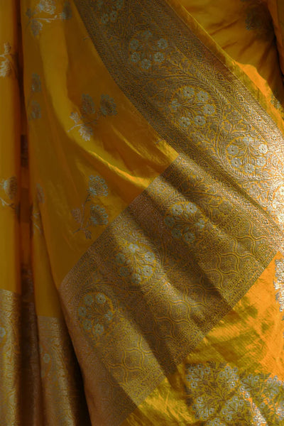 Yellow Handloom Katan Banarasi Saree with Floral Jaal Zari Border and Floral Butis