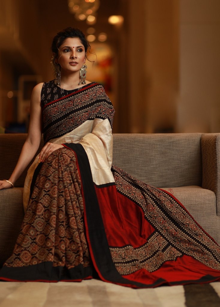 COMBINATION OF BLOCK PRINTED COTTON AJRAKH PLEATS & PURE TASSAR SILK SAREE WITH AJRAKH BORDER