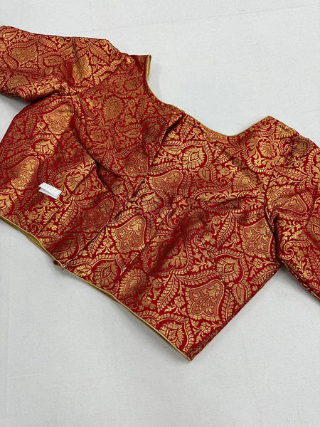Readymade Red Boat Neck Banarasi Brocade Blouse