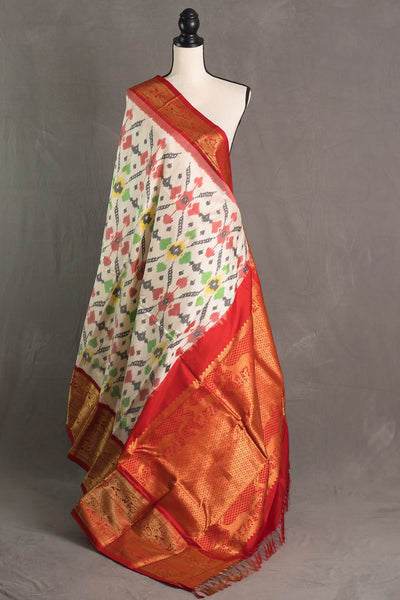 Ikkat Pochampally Saree with Kanjivaram Saree in Off White and Red
