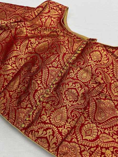 Readymade Red Boat Neck Banarasi Brocade Blouse
