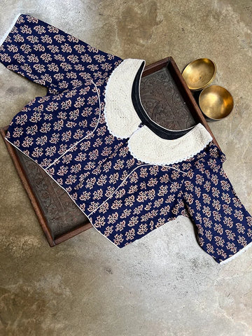 Readymade Pure Cotton Ajrakh Blouse with Hakoba Collar Stitched Saree Blouse