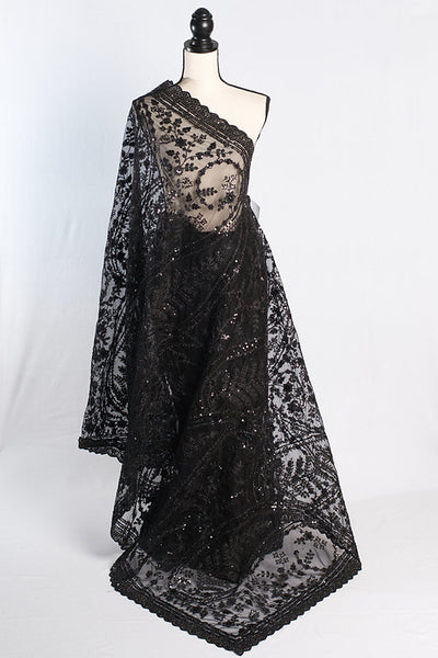 Black Designer Net Saree With Embroidery Thread Work