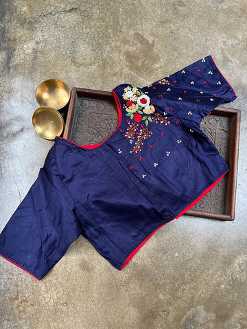 Readymade Dark Blue and Red Pure Cotton Silk Embroidery Stitched Saree