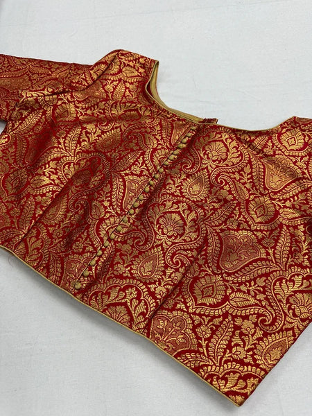Readymade Red Boat Neck Banarasi Brocade Blouse