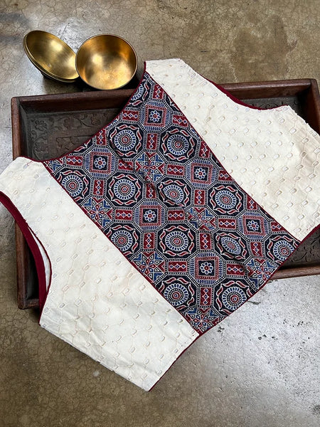 Readymade Pure Cotton Hakoba Ajrakh Sleeveless Stitched Saree Blouse