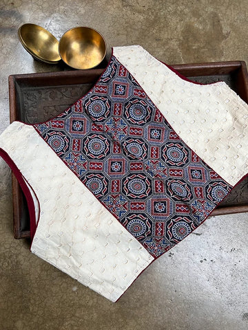 Readymade Pure Cotton Hakoba Ajrakh Sleeveless Stitched Saree Blouse