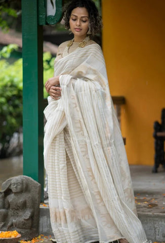 White And Gold Zari Work Cotton Silk Kerala Saree For Onam