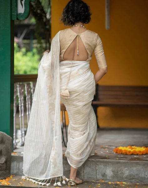 White And Gold Zari Work Cotton Silk Kerala Saree For Onam