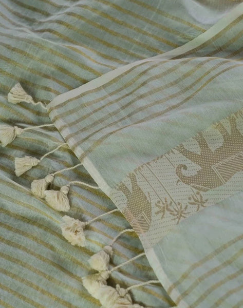 White And Gold Zari Work Cotton Silk Kerala Saree For Onam