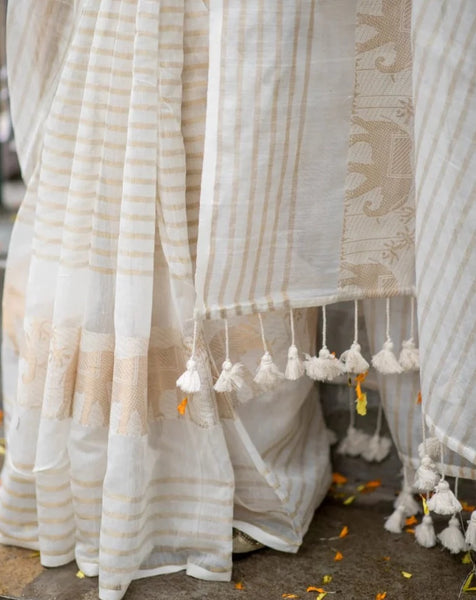White And Gold Zari Work Cotton Silk Kerala Saree For Onam