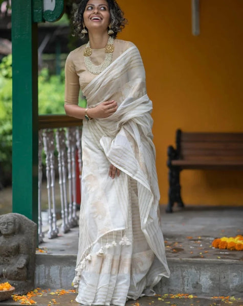 White And Gold Zari Work Cotton Silk Kerala Saree For Onam