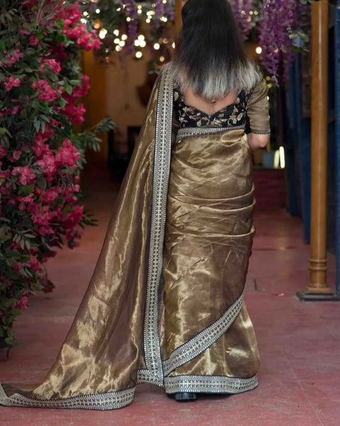 Golden Chanderi Silk Zari Shimmer Saree With Lace Border