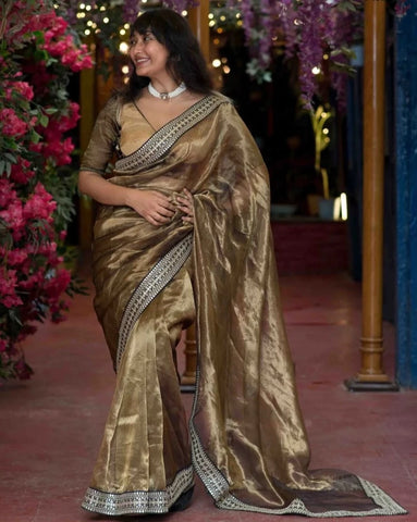 Golden Chanderi Silk Zari Shimmer Saree With Lace Border