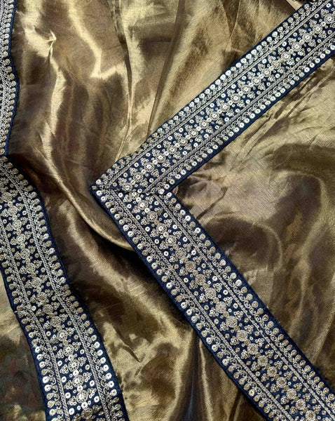 Golden Chanderi Silk Zari Shimmer Saree With Lace Border