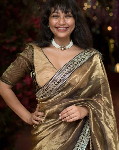 Golden Chanderi Silk Zari Shimmer Saree With Lace Border