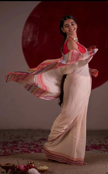 White Mulmul Cotton Saree With Border Print
