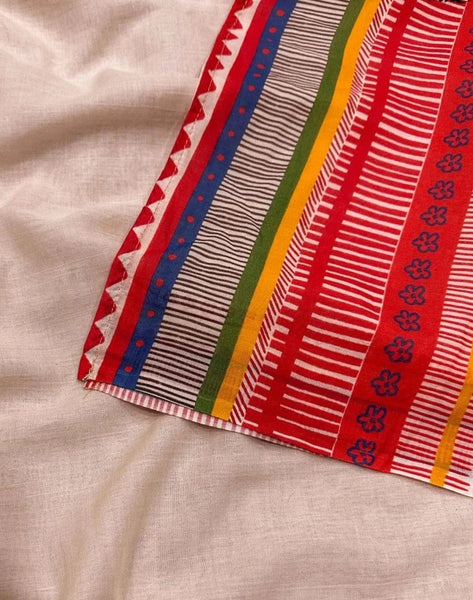 White Mulmul Cotton Saree With Border Print