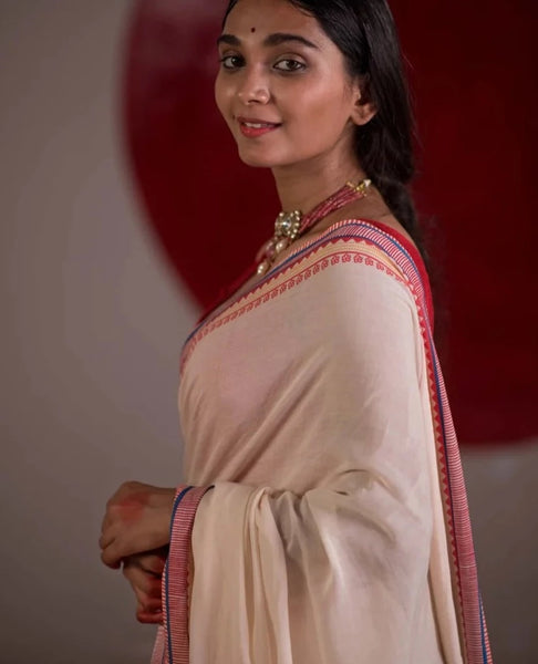 White Mulmul Cotton Saree With Border Print