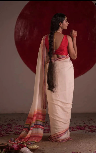 White Mulmul Cotton Saree With Border Print