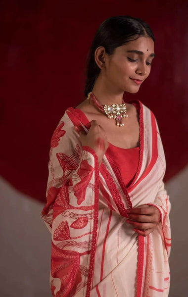 Red And White Mulmul Cotton Floral Print Saree