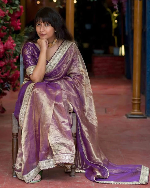 Purple Chanderi Silk Zari Shimmer Saree With Lace Border