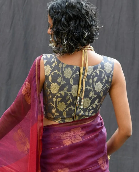 Readymade Grey Silk Sleeveless Blouse With Floral Design