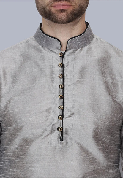 Contrast Trim Dupion Silk Kurta Set in Grey