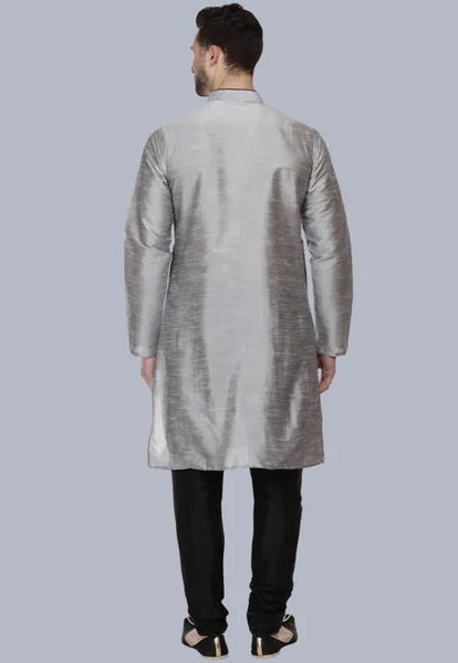 Contrast Trim Dupion Silk Kurta Set in Grey
