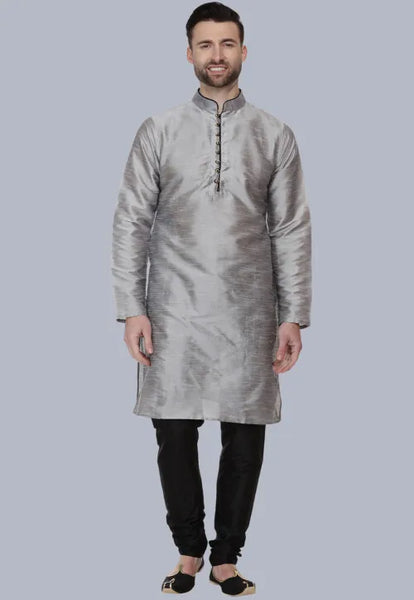 Contrast Trim Dupion Silk Kurta Set in Grey