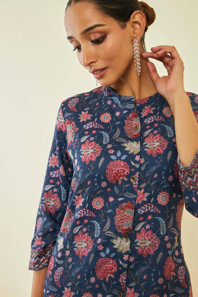 Navy Blue Rayon Floral Print Straight Kurta