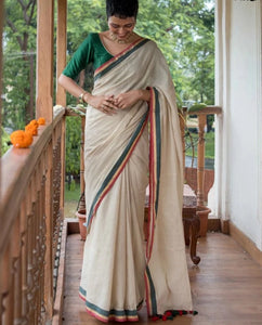 Off-white Cotton Zari Saree With Red, Gold and Green Embellishments