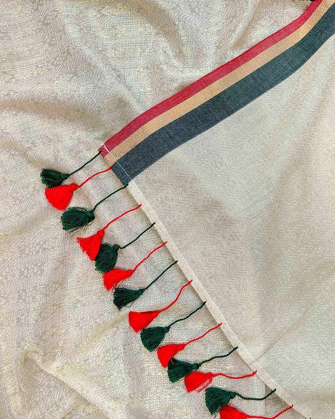 Off-white Cotton Zari Saree With Red, Gold and Green Embellishments