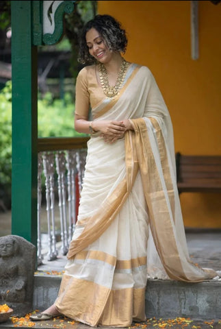 Off White Mulmul Cotton Tassel Saree With Golden Zari Border