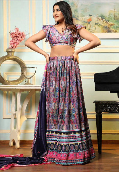 Printed Crushed Satin Lehenga in Multicolor