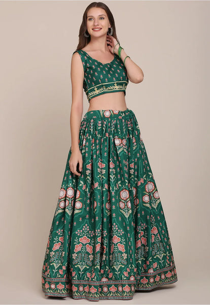 Digital Printed Crepe Lehenga in Green