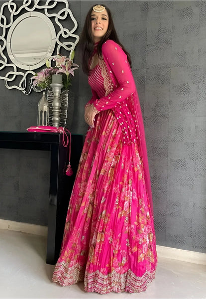 Floral Printed Georgette Lehenga in Pink