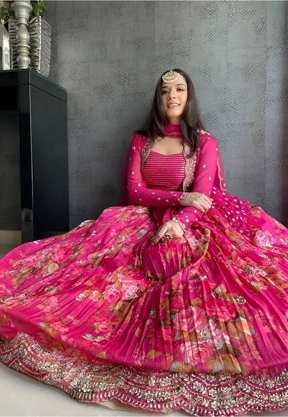 Floral Printed Georgette Lehenga in Pink