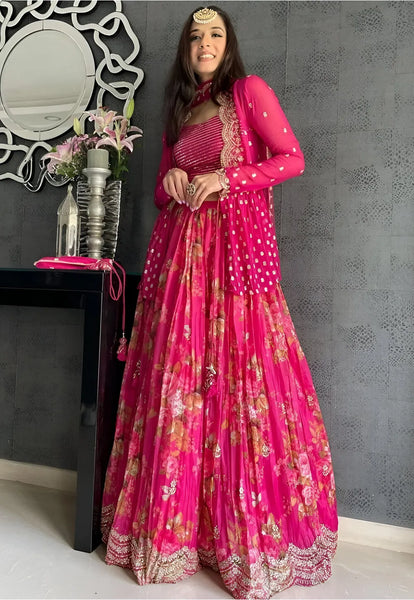 Floral Printed Georgette Lehenga in Pink