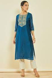 Blue Chanderi Floral Embroidered Straight Kurta with Sequin Details