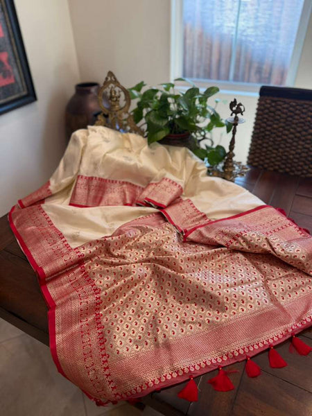 Off White and Red Soft Silk Saree with Readmade Blouse
